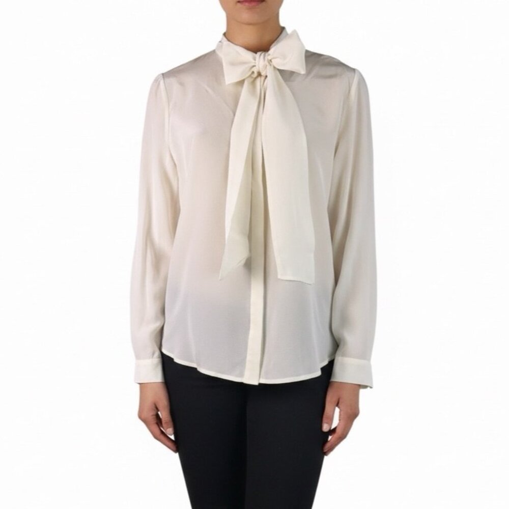 LILYSILK Womens Ivory 100% Mulberry Silk Tie Neck Blouse Long Sleeve  Sz M  New